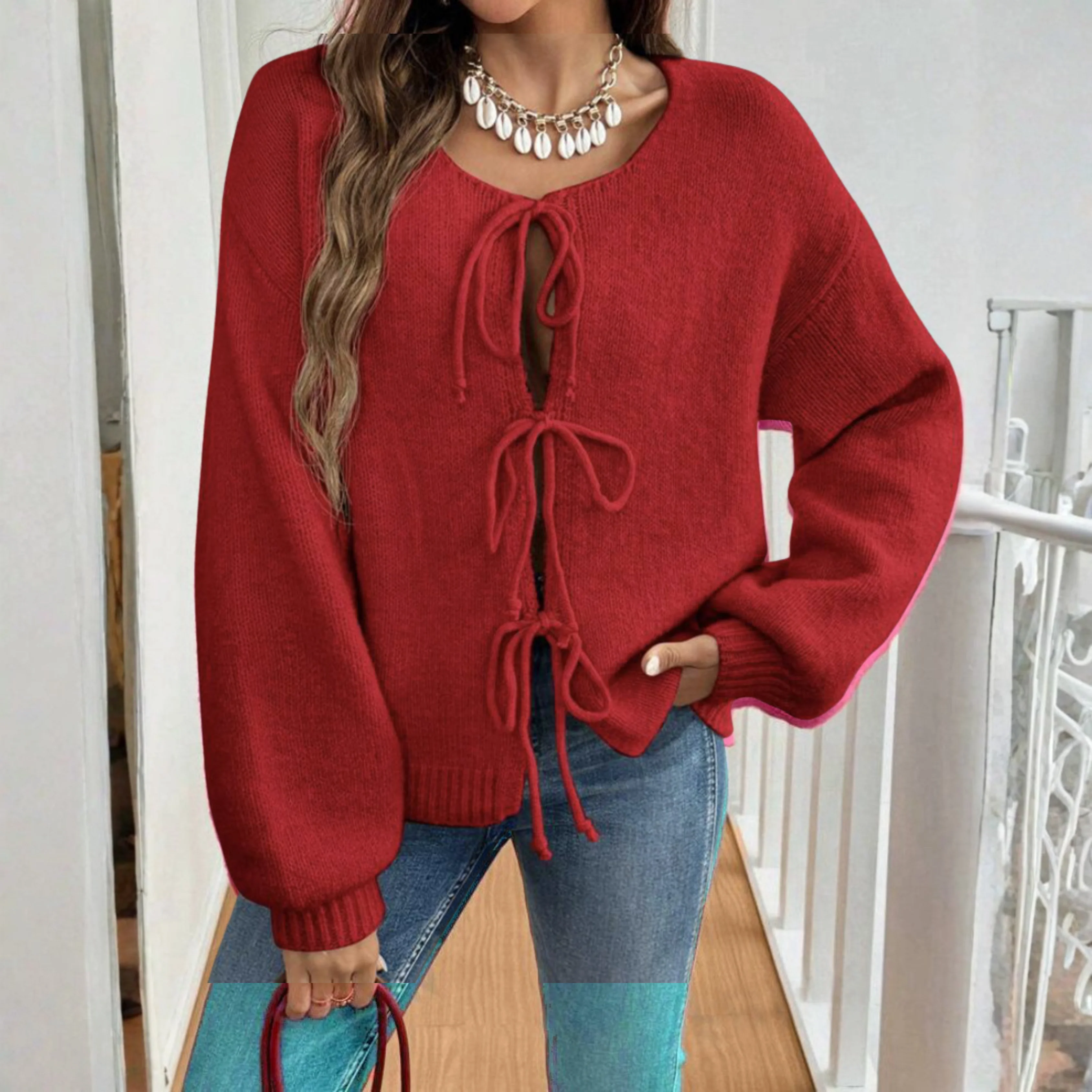 Enneir - Elegante cárdigan delantero de manga larga con cuello redondo